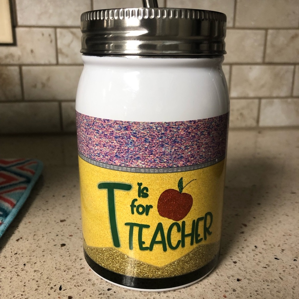 Stainless steel mason jar tumbler, teacher tumbler, sublimation, lid and straw